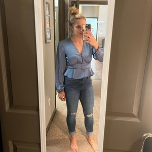 Blue Shoulder Pad Fitted Waist Top